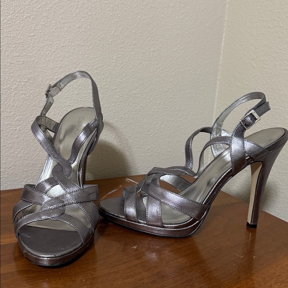 Gorgeous Calvin Klein platinum Strappy High Heel Sandals, size 9